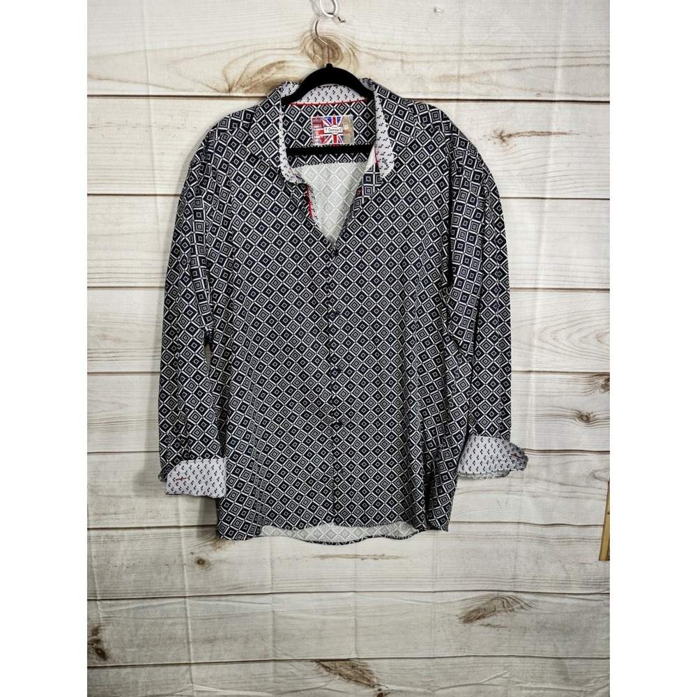 7 Downie St. Couture Mens Navy White Geometric Diamond Print Button Down Shirt 8